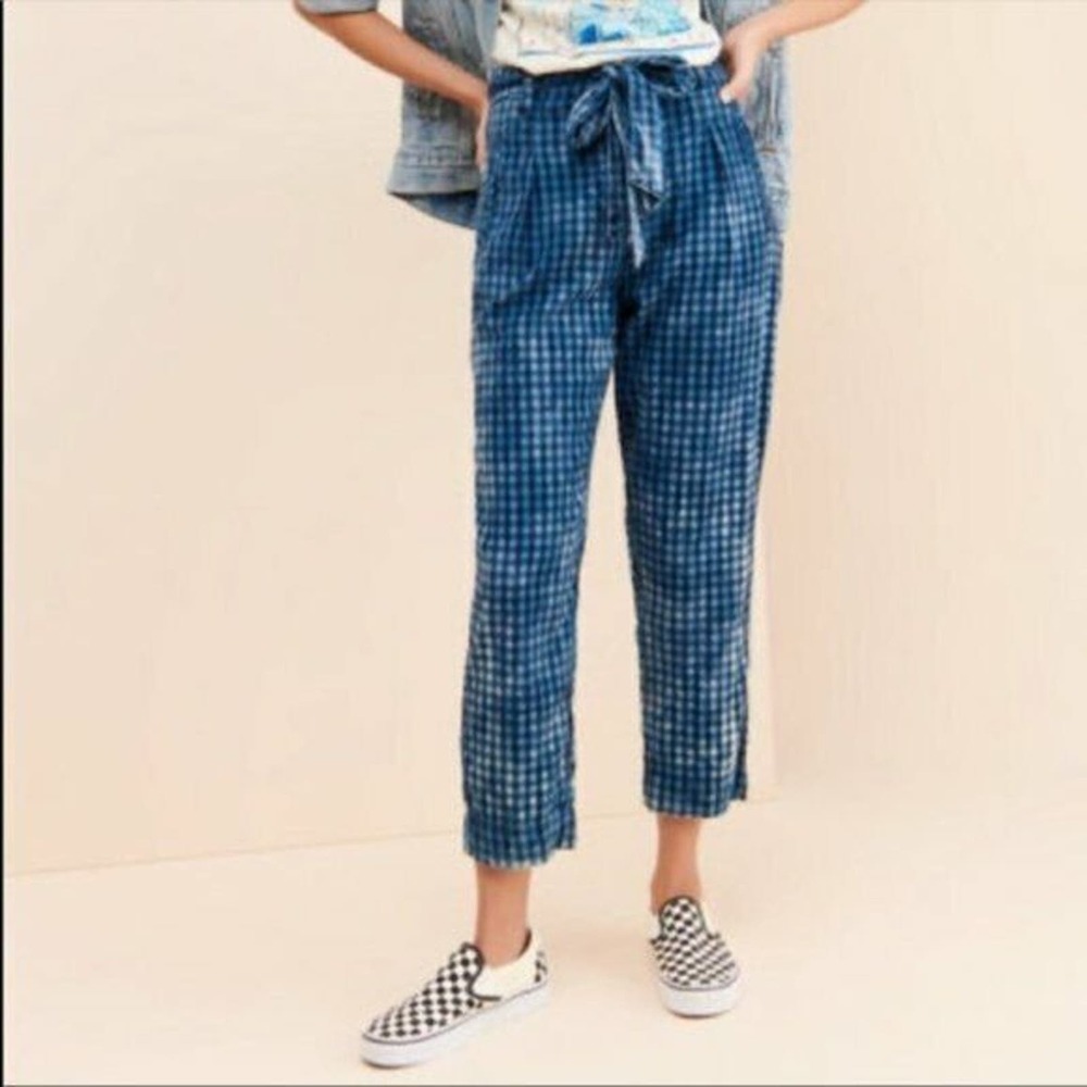 Anthropologie Maeve Avryl Pants 4 Bleached Blue Black Check Tie Belt High Waist